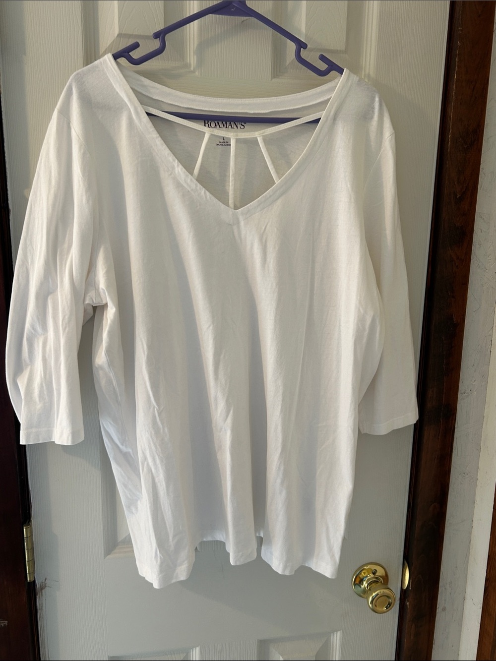 Roaman's White V-Neck 3/4 Sleeve Top with front Strap Detail